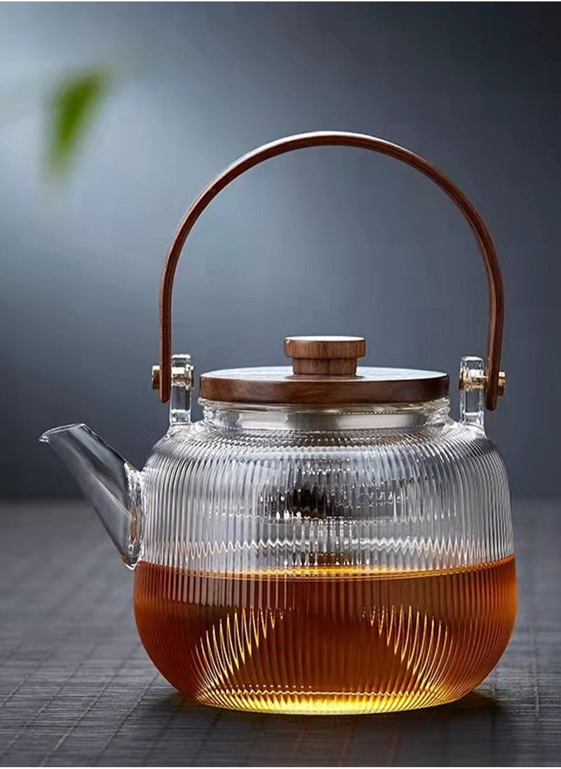 LOOPITYS - 800ML walnut glass teapot for steaming and cooking, vertically patterned tea pot with high borosilicate content, can be used for thermal power steaming and cooking, making it a great gift - Image 1