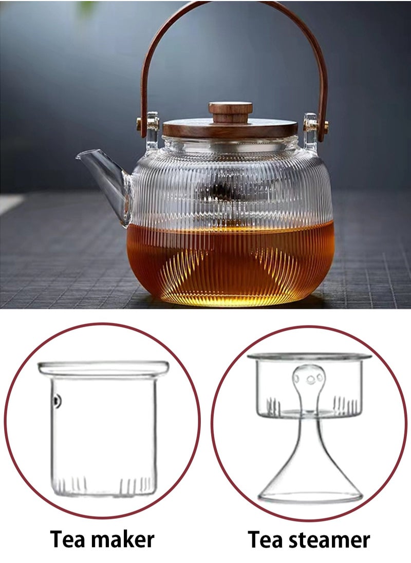 LOOPITYS - 800ML walnut glass teapot for steaming and cooking, vertically patterned tea pot with high borosilicate content, can be used for thermal power steaming and cooking, making it a great gift - Image 1
