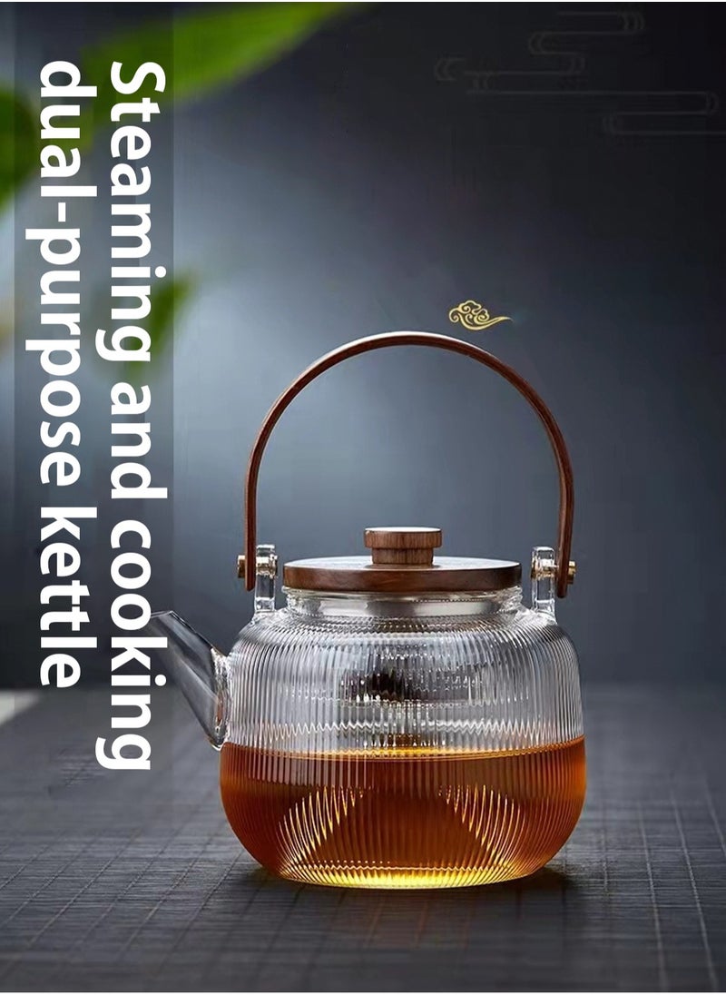LOOPITYS - 800ML walnut glass teapot for steaming and cooking, vertically patterned tea pot with high borosilicate content, can be used for thermal power steaming and cooking, making it a great gift - Image 1