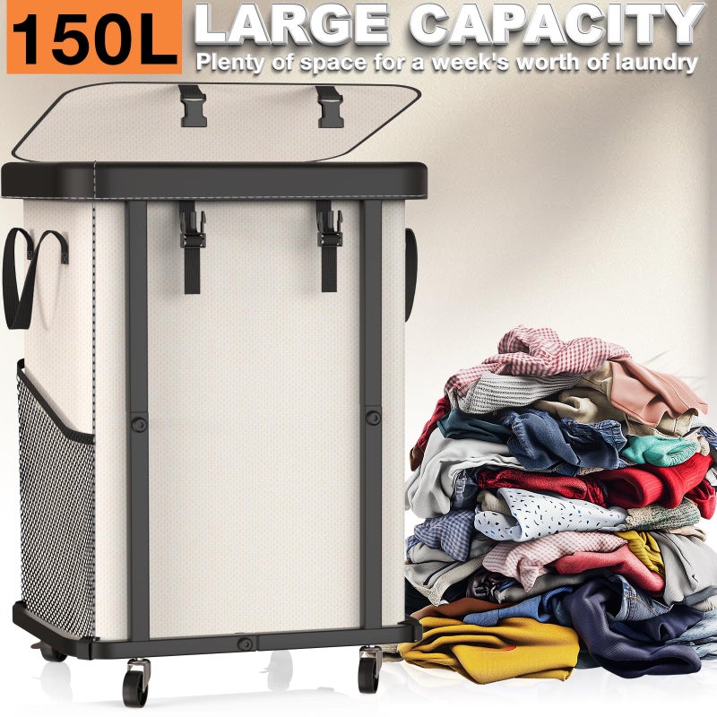 alentar 150L (40 Gal) Large Fashion Laundry Basket with Wheels, Leather Patchwork Rolling Hamper Carts, Sturdy Metal Frame, Removable Washable Bag, Tall Clothes Sorter for Bedroom, Laundry Room - Beige - Image 3