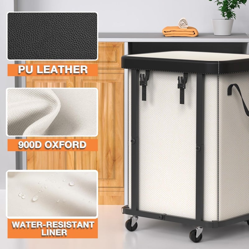 alentar 150L (40 Gal) Large Fashion Laundry Basket with Wheels, Leather Patchwork Rolling Hamper Carts, Sturdy Metal Frame, Removable Washable Bag, Tall Clothes Sorter for Bedroom, Laundry Room - Beige - Image 2