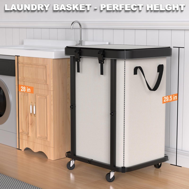 alentar 150L (40 Gal) Large Fashion Laundry Basket with Wheels, Leather Patchwork Rolling Hamper Carts, Sturdy Metal Frame, Removable Washable Bag, Tall Clothes Sorter for Bedroom, Laundry Room - Beige - Image 4