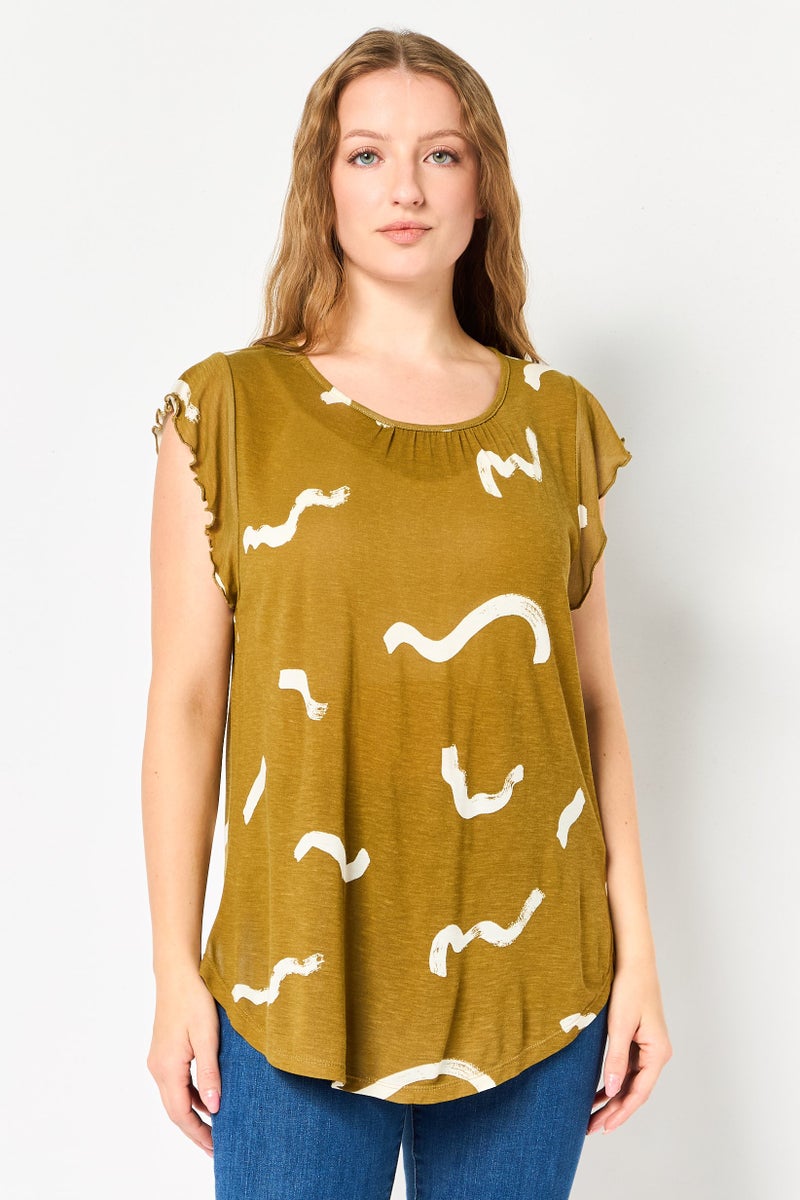 VERO MODA تي شيرت جرافيك بطبعة من فيرو مودة للنساء بأكمام متدرجة و ياقة دائرية، زيتوني - Image 1