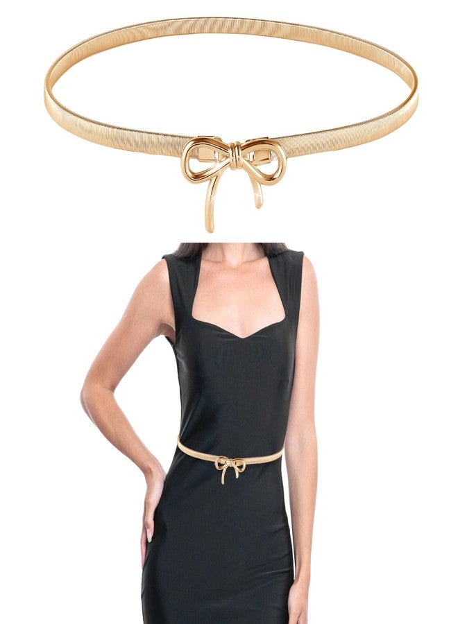 Amabro Metal Belt for Women, Elastic Skinny Waist Belt Stretchy Chain Belt with Bow-Knot for Dresses, Jeans(Gold) - Image 1