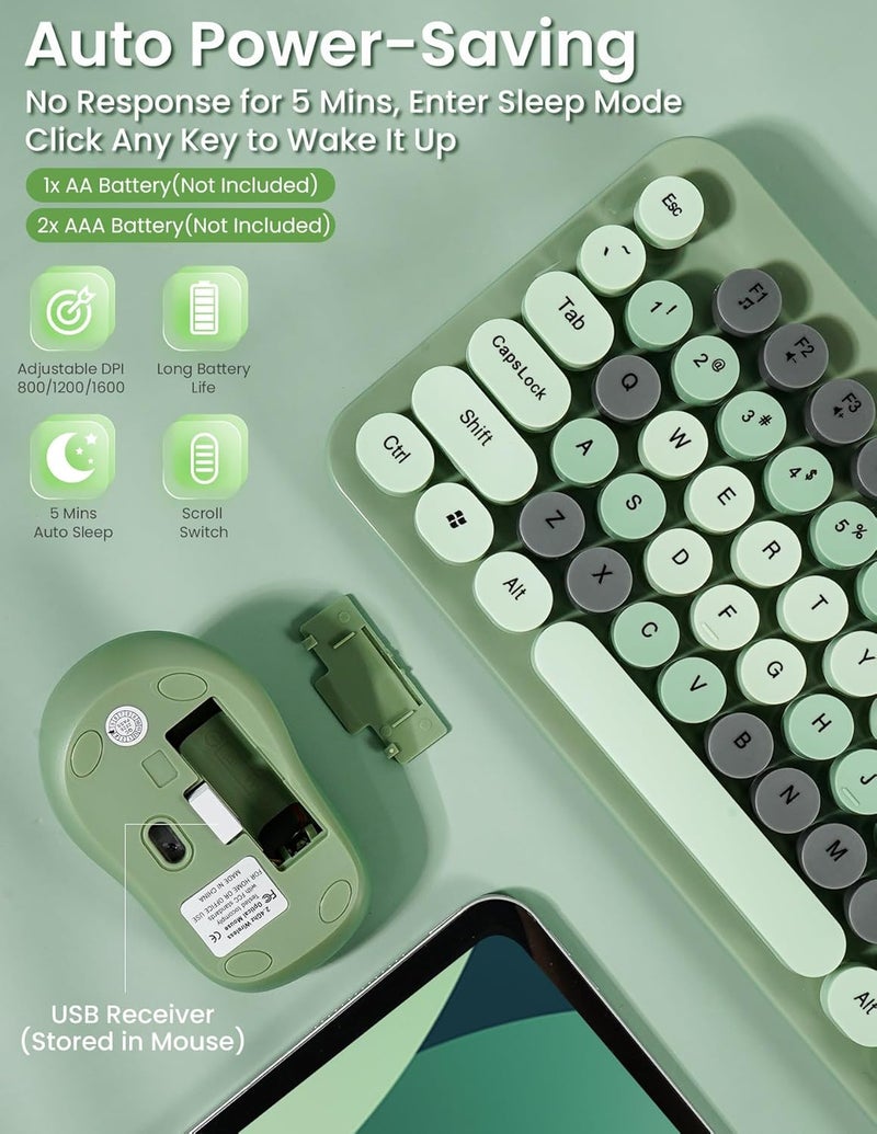 Nsyee Wireless Keyboard and Mouse Combo, 104 Round Keys Retro Full Size Keyboard and Mouse Set with 2.4GHz USB Receiver for PC/Laptop/Tablet/Computer/Windows, US Layout, Green - Image 4