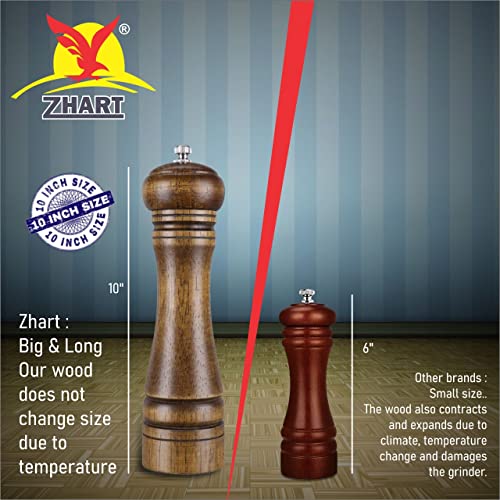 Zhart Long 10" Size Oak Solid Wooden Salt and Pepper Mill Grinder with Adjustable Coarseness Setting for Home Kitchen Party Gift - Image 3