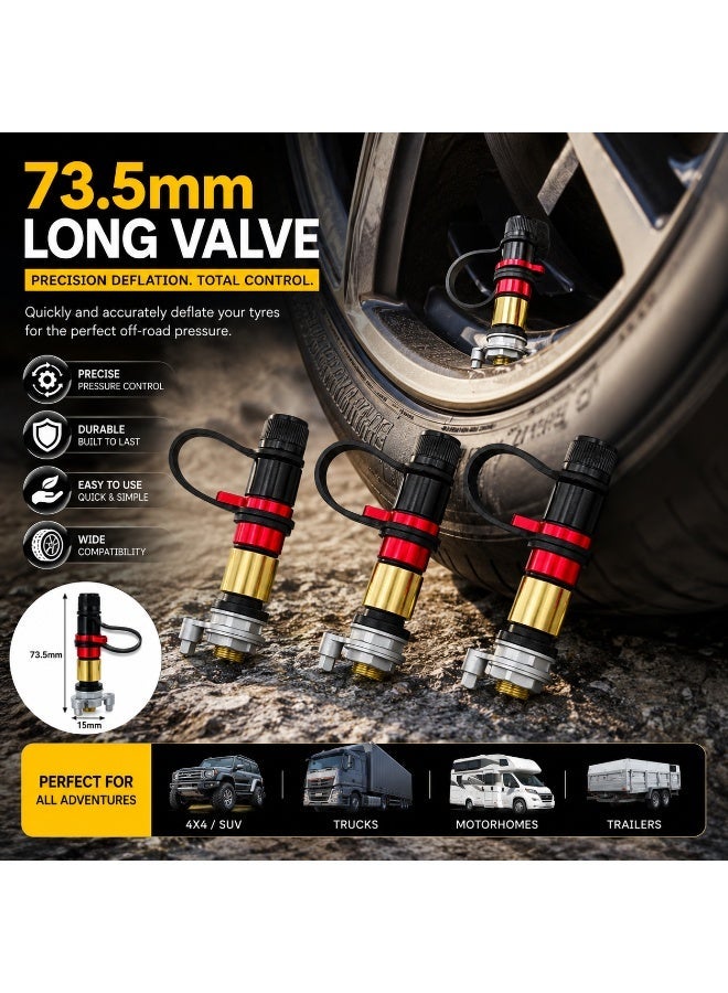 TORVIQ 4-Piece Tire Deflator Valve Kit 73.5mm | Rapid Deflation 2.5 to 0.7 Bar in 15 Seconds, Adjustable, TPMS Compatible | Off-Road SUV Truck & 4x4 | Black - Image 2