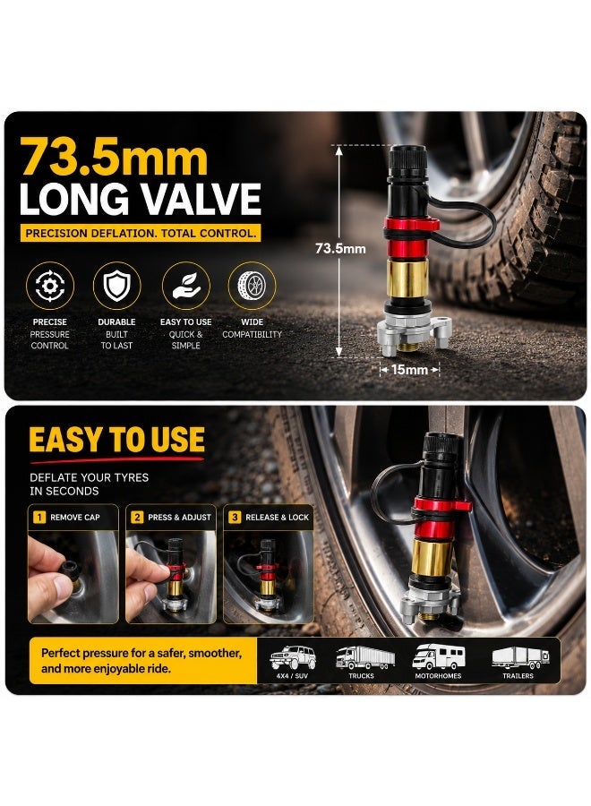 TORVIQ 4-Piece Tire Deflator Valve Kit 73.5mm | Rapid Deflation 2.5 to 0.7 Bar in 15 Seconds, Adjustable, TPMS Compatible | Off-Road SUV Truck & 4x4 | Black - Image 3