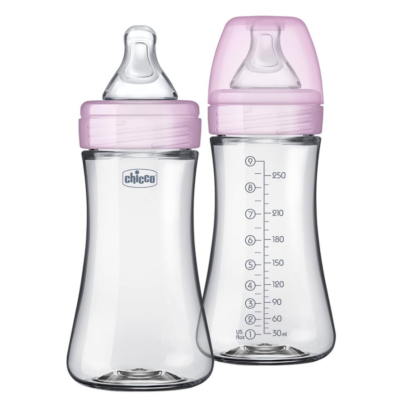 Chicco Duo 9oz. Hybrid Baby Bottle with Invinci-Glass Inside and Plastic Outside | Dishwasher, Bottle Warmer, and Electric Sterilizer Safe | Intui-Latch Nipple | Clear/Pink, 2pk - Image 1