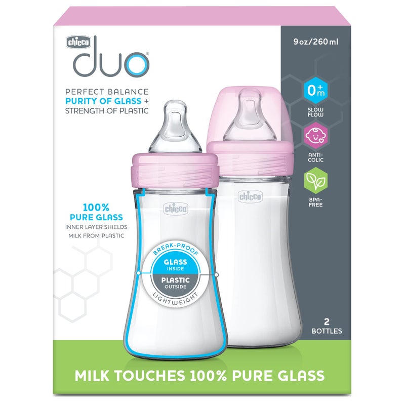 Chicco Duo 9oz. Hybrid Baby Bottle with Invinci-Glass Inside and Plastic Outside | Dishwasher, Bottle Warmer, and Electric Sterilizer Safe | Intui-Latch Nipple | Clear/Pink, 2pk - Image 2