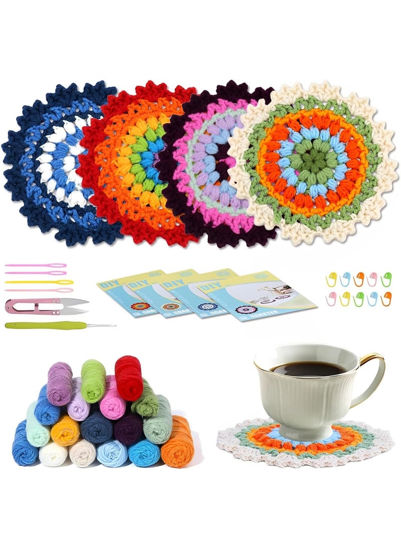 Relex Crochet Kit for Beginners, Coaster Beginner Crochet Kit, Adult Knitting Kit DIY Crochet Starter Kit, Yarns Crochet Hook, Crochet Starter Kit for Adults DIY Knitting Supplies (Teacup Mat 4Pcs) - Image 1