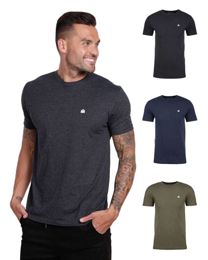 INTO THE AM Men's Logo Basic Tees 3 Pack Multipack - Fitted Essential Crewneck Blank Gym Classic Casual True Fit Fashion Undershirts for Guys (Charcoal/Navy/Olive Green, Medium)