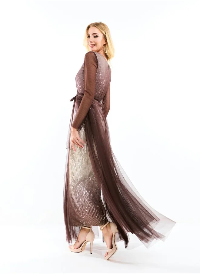 هاوس اوف مودا Sequin Embellished Tulle Layered Maxi Dress by Styli