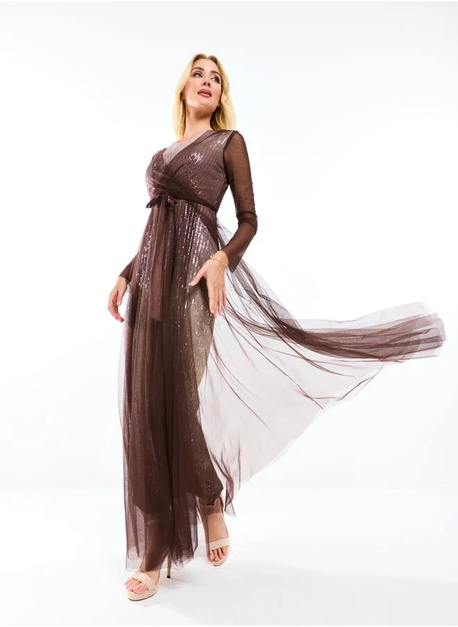 هاوس اوف مودا Sequin Embellished Tulle Layered Maxi Dress by Styli