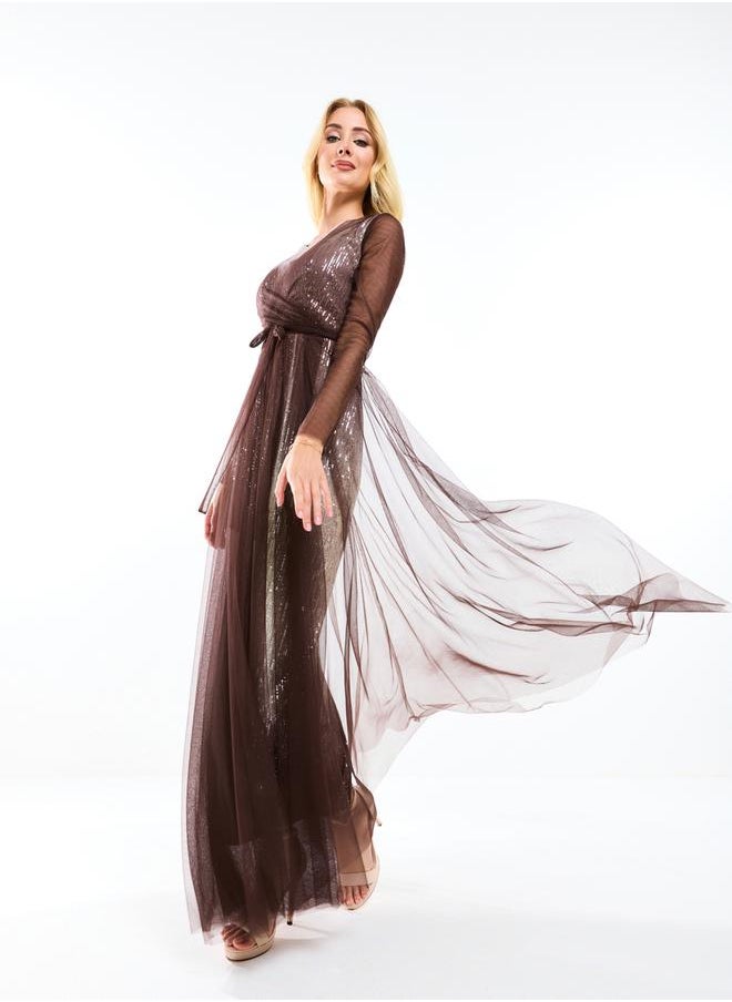 House of Moda - Sequin Embellished Tulle Layered Maxi Dress by Styli - Image 1