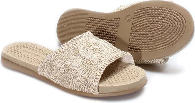فاست ستيب Women's Comfortable Summer Holiday Casual Patterned Straw Slippers Beige 935za370