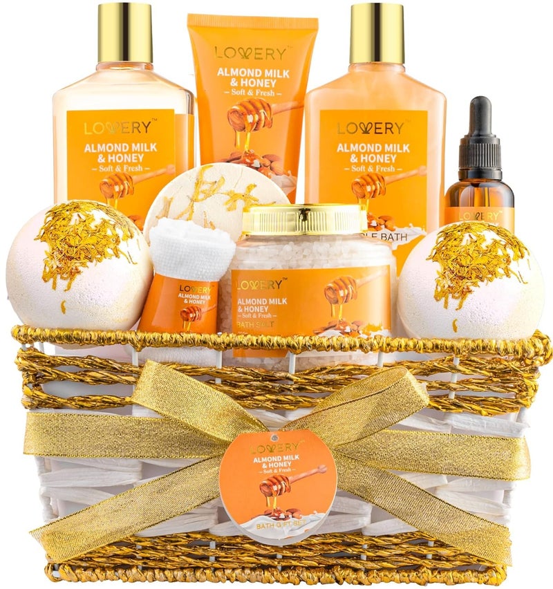 LOVERY Christmas Gifts for Women Gift Basket for Women - 10 Pc Almond Milk & Honey Beauty & Personal Care Set - Home Bath Pampering Package for Relaxing - Spa Self Care Kit - Birthday, Mom, Anniversary Gift - Image 1