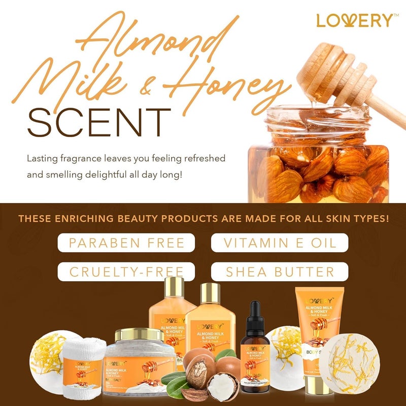 LOVERY Christmas Gifts for Women Gift Basket for Women - 10 Pc Almond Milk & Honey Beauty & Personal Care Set - Home Bath Pampering Package for Relaxing - Spa Self Care Kit - Birthday, Mom, Anniversary Gift - Image 5