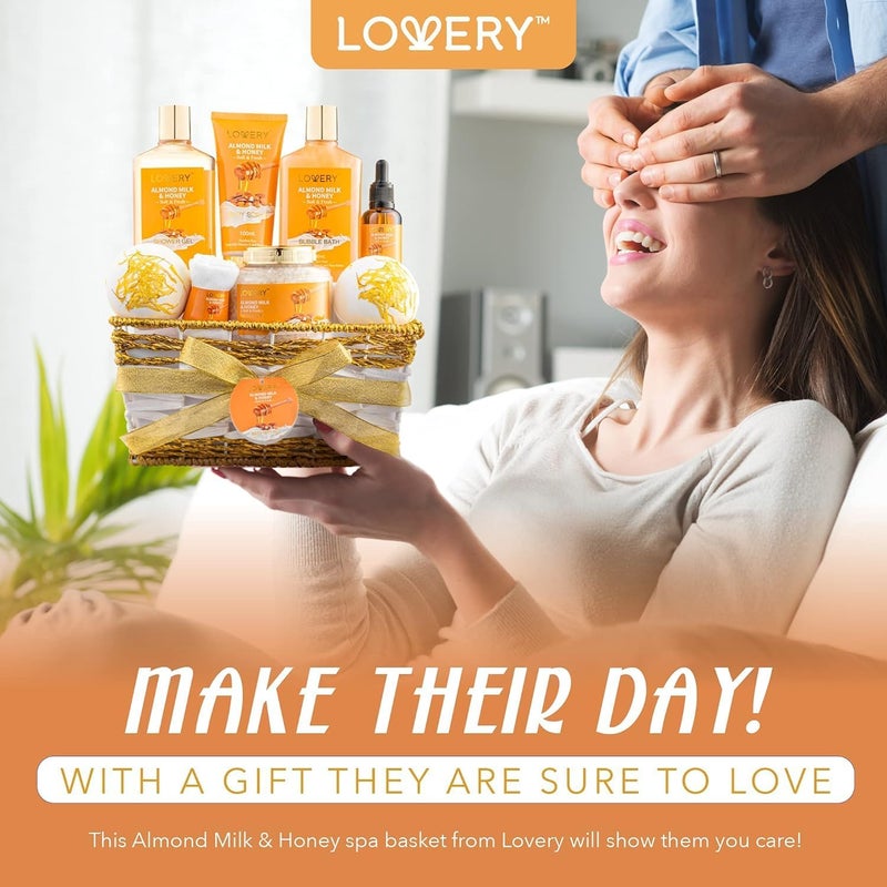 LOVERY Christmas Gifts for Women Gift Basket for Women - 10 Pc Almond Milk & Honey Beauty & Personal Care Set - Home Bath Pampering Package for Relaxing - Spa Self Care Kit - Birthday, Mom, Anniversary Gift - Image 4