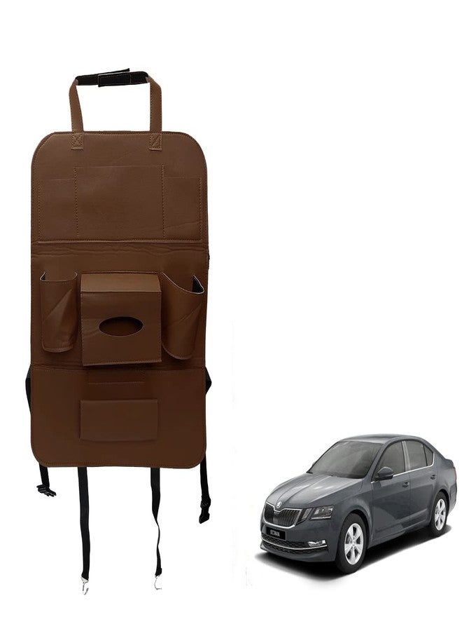 Oshotto Car Backseat Storage Organizer Phone Holder,Multi-Pocket for Bottles, Tissue Boxes,Kids Toy Storage and Great Travel Accessory Compatible with Skoda Octavia (Brown) - Image 1