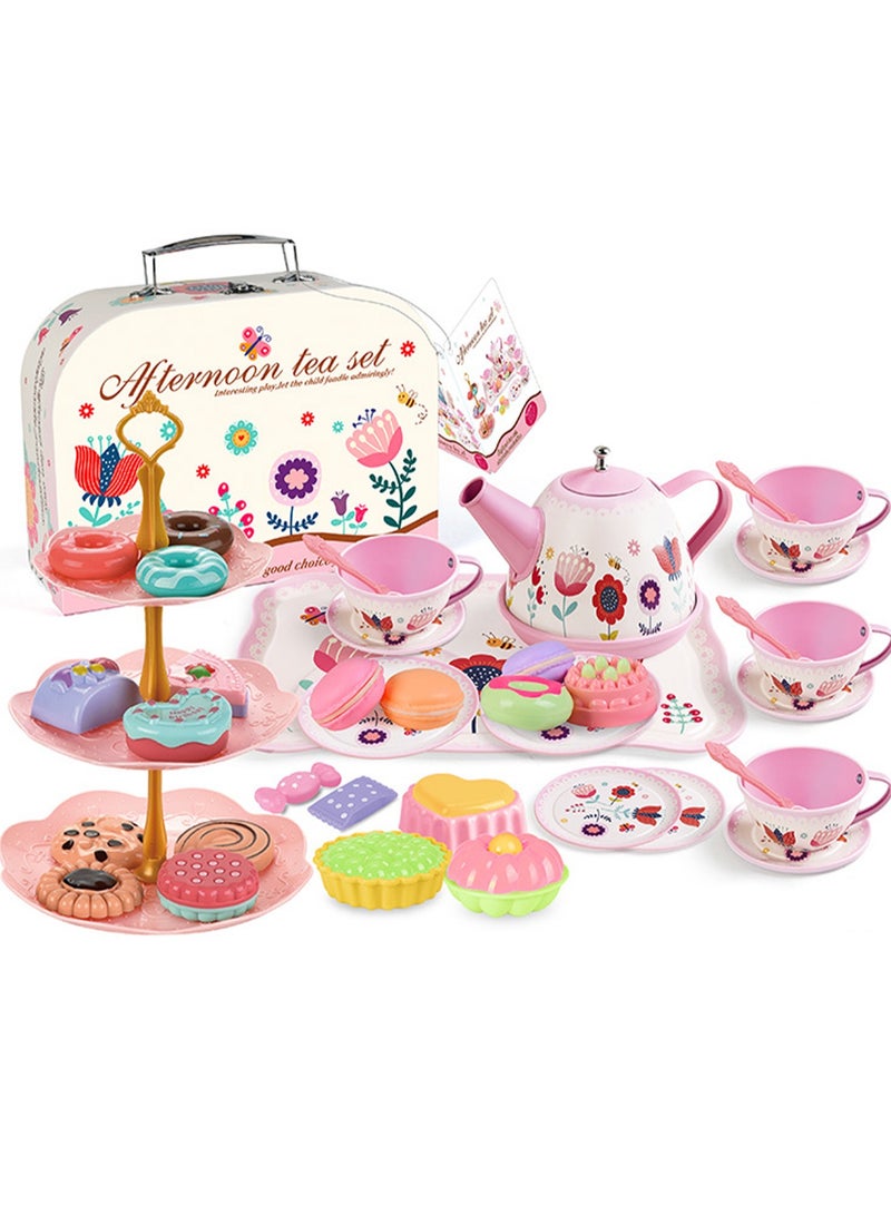Tinplate Tea Break Afternoon Tea Portable Gift Box, Tea Set With Dessert Suitable For Little Girls, Safe And Durable Children'S Tea Party Kitchen Tableware Set Toys Suitable For Children Over 3 Years Old - Image 1