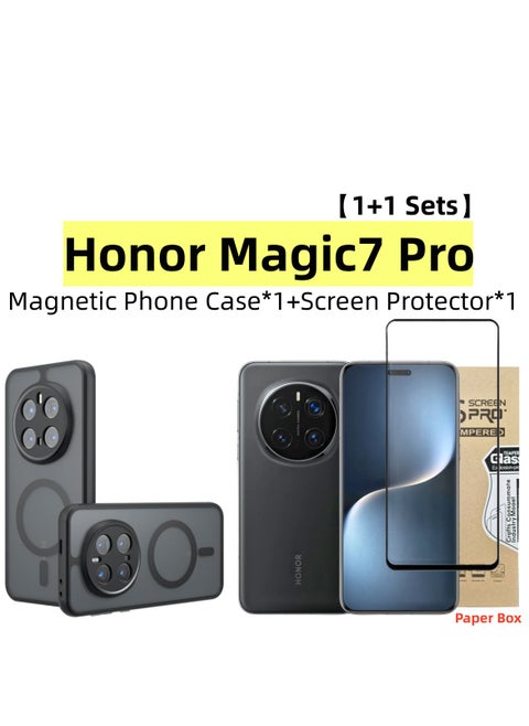 [1+1 Sets] For Honor Magic7 Pro Case Cover & Screen Protector Magnetic Frosted Translucent Back Protective Slim Phone Cover, Anti-Fingerprints, Anti-Fall Drop Protection，1 Tempered Flims