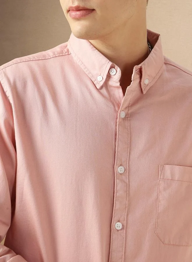 Dennis Lingo Relaxed Fit Pink Cotton Casual Shirt Button Down Collar