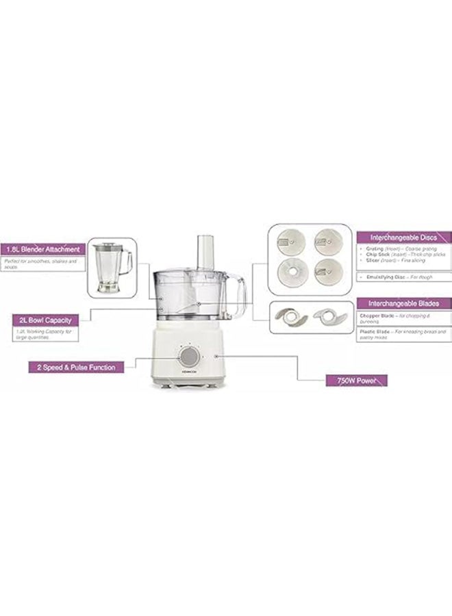 KENWOOD Food Processor, 1.8L Blender, 2 Speed & Pulse Function, Stainless Steel Knife, French Fry Disc, Emulsifying Disc, Extra Fine Slicing Disc 2 L 750 W FDP03.C2WH White - Image 3
