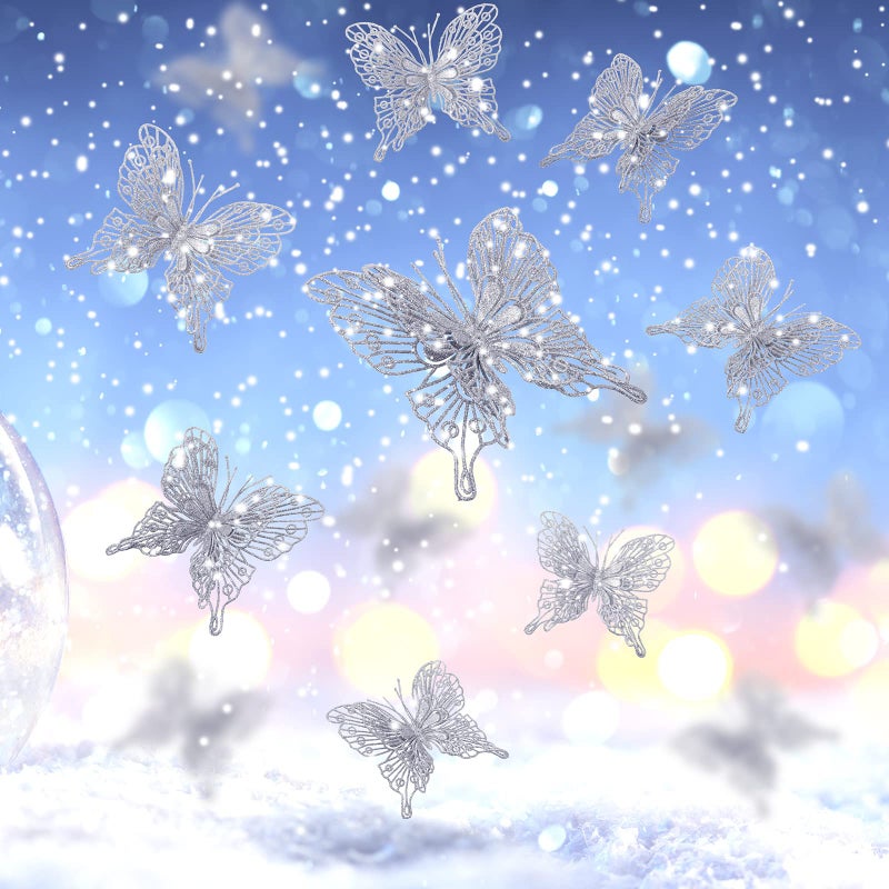 جوتوم Jutom 24 PCS Decords Christmas Tree Butterfly Decorations 3 أحجام من عيد الميلاد Glitter Hollow Butterfly الحلي ثلاثية الأبعاد معلقة جدار الفراشة مع مقاطع وسيقان لديكور شجرة عيد الميلاد (الفضة) - Image 3