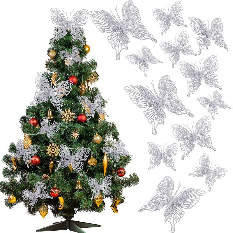 جوتوم Jutom 24 PCS Decords Christmas Tree Butterfly Decorations 3 أحجام من عيد الميلاد Glitter Hollow Butterfly الحلي ثلاثية الأبعاد معلقة جدار الفراشة مع مقاطع وسيقان لديكور شجرة عيد الميلاد (الفضة) - Image 1