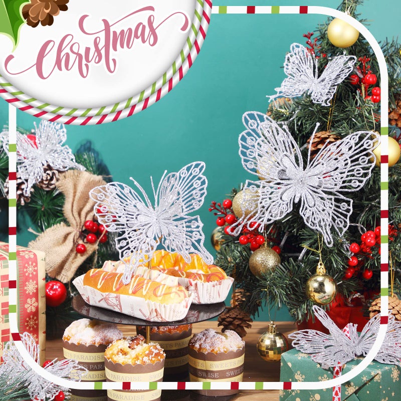 جوتوم Jutom 24 PCS Decords Christmas Tree Butterfly Decorations 3 أحجام من عيد الميلاد Glitter Hollow Butterfly الحلي ثلاثية الأبعاد معلقة جدار الفراشة مع مقاطع وسيقان لديكور شجرة عيد الميلاد (الفضة) - Image 4