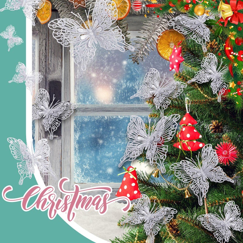 جوتوم Jutom 24 PCS Decords Christmas Tree Butterfly Decorations 3 أحجام من عيد الميلاد Glitter Hollow Butterfly الحلي ثلاثية الأبعاد معلقة جدار الفراشة مع مقاطع وسيقان لديكور شجرة عيد الميلاد (الفضة) - Image 5