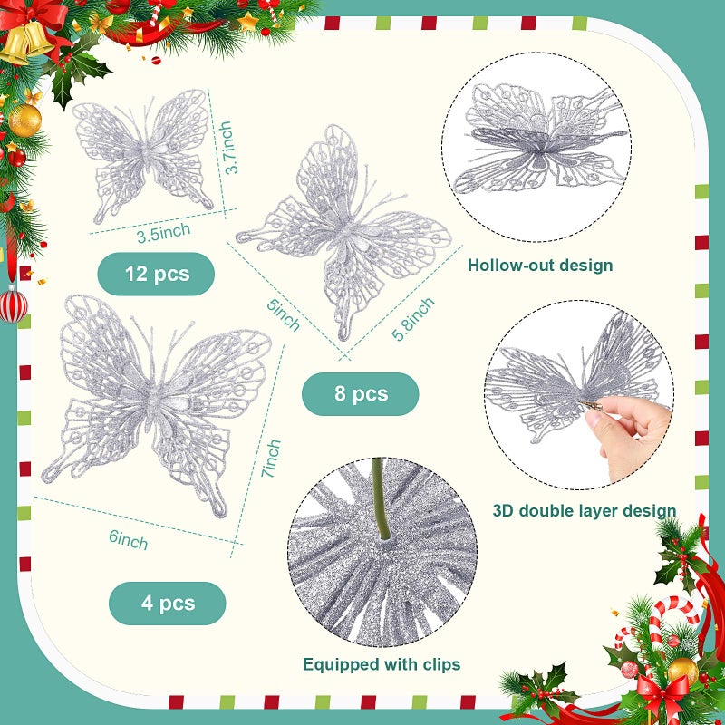 جوتوم Jutom 24 PCS Decords Christmas Tree Butterfly Decorations 3 أحجام من عيد الميلاد Glitter Hollow Butterfly الحلي ثلاثية الأبعاد معلقة جدار الفراشة مع مقاطع وسيقان لديكور شجرة عيد الميلاد (الفضة) - Image 2