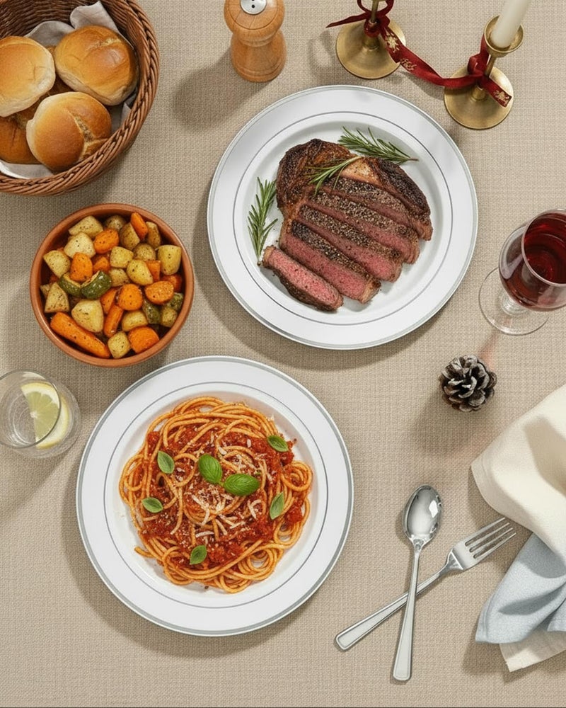 bUCLA 100Pieces Silver Plastic Plates - 10.25inch Silver Rim Disposable Dinner Plates - Ideal for Weddings, Parties - Image 4