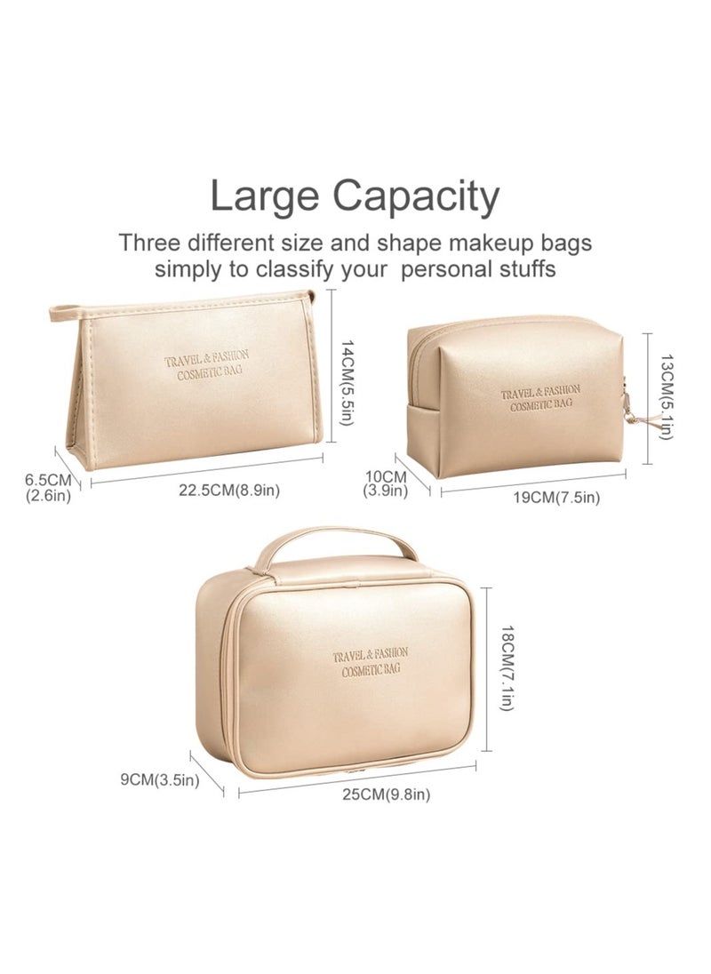 Generic Large Waterproof Makeup Bag Set 3 Pieces Pu Leather Travel Organizer for Women and Girls Portable Toiletry Cases Yellow  - Image 3