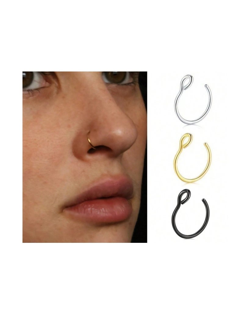 مجموعة من 3 قطع من حلقات الأنف المزيفة مقاس 8 مم، مجوهرات ثقب الأنف والحاجز الأنفي والشفاه، باللون الذهبي والفضي والأسود - Image 1