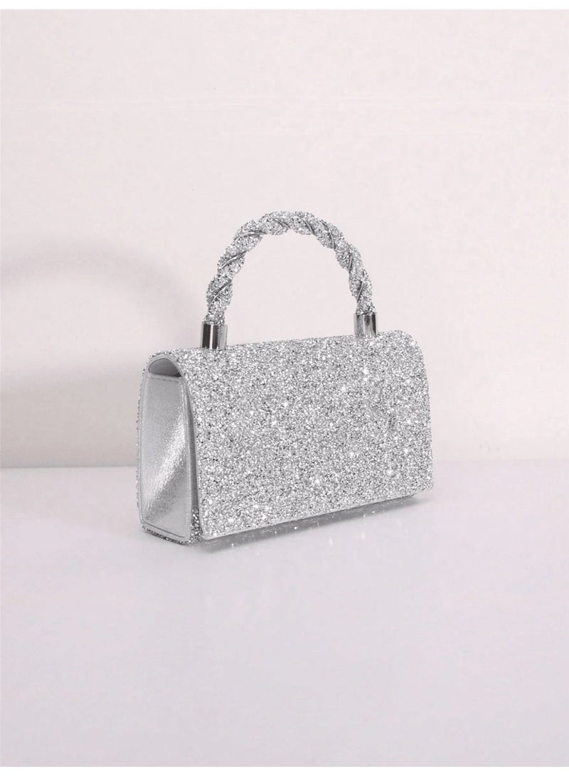 Elegant Women's Silver Evening Bag Adorned with Sparkling Crystals - Image 5