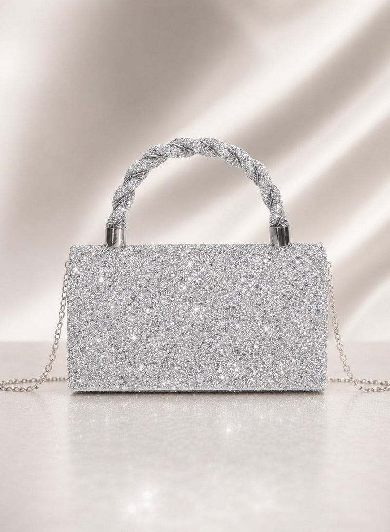 Elegant Women's Silver Evening Bag Adorned with Sparkling Crystals - Image 5