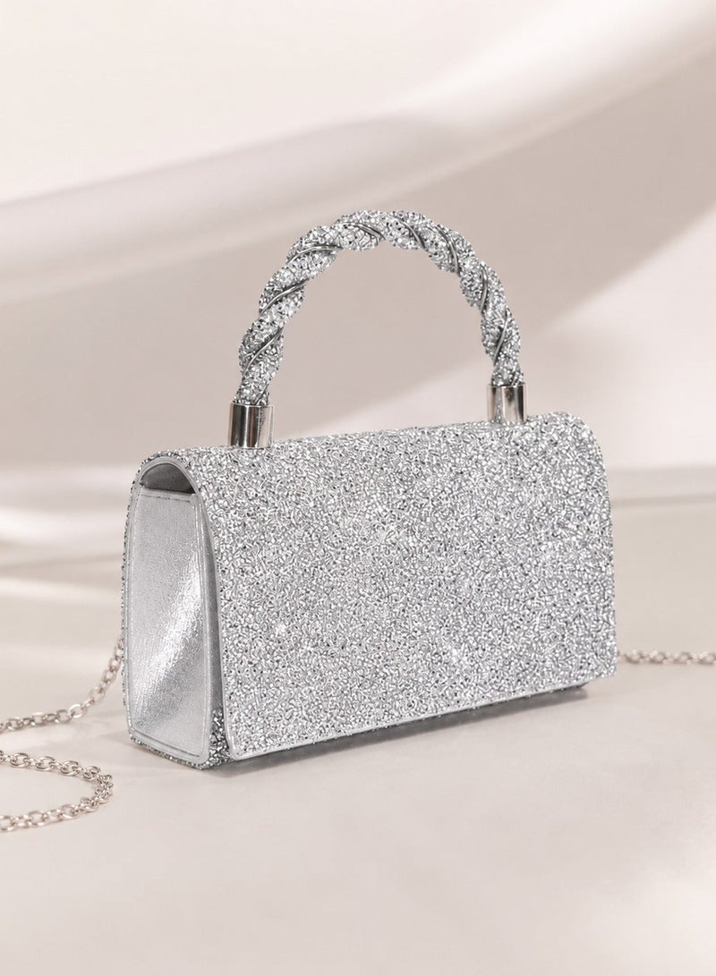 Elegant Women's Silver Evening Bag Adorned with Sparkling Crystals - Image 4
