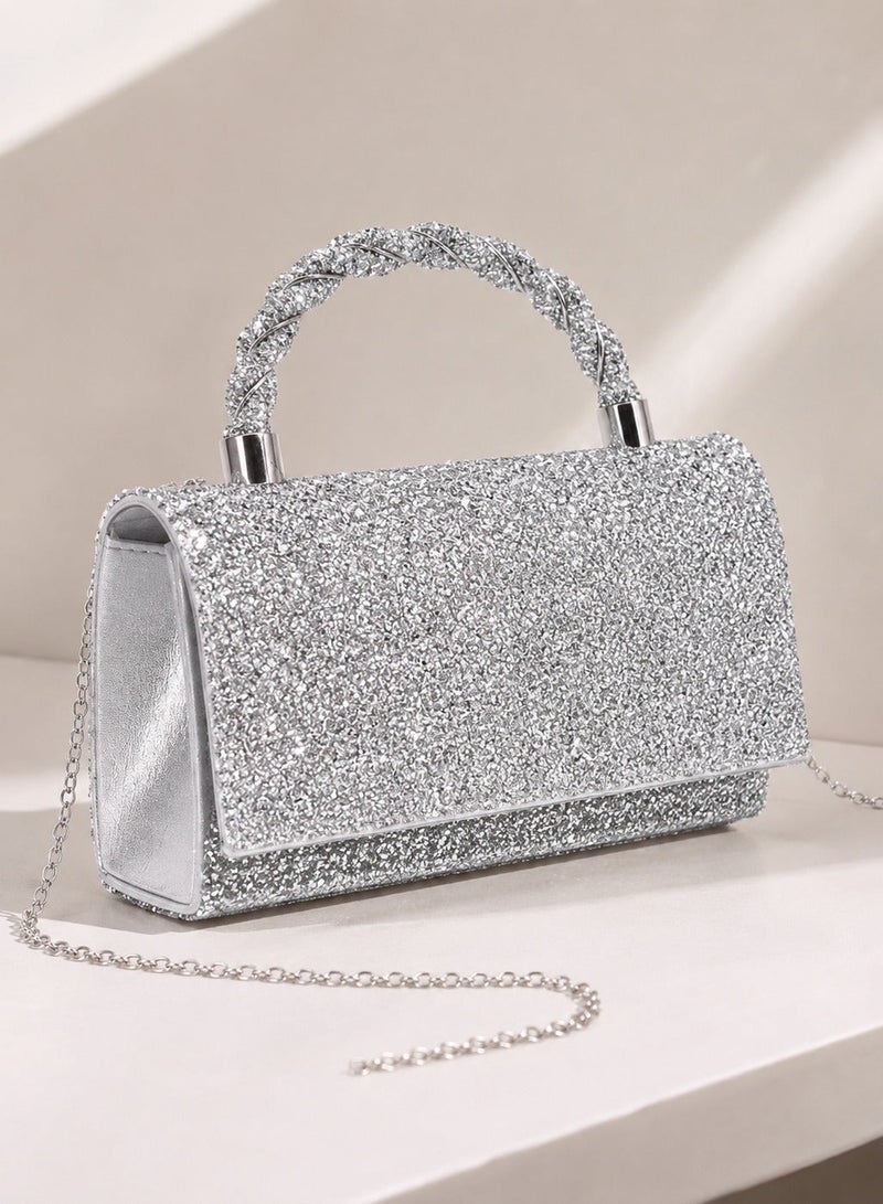 Elegant Women's Silver Evening Bag Adorned with Sparkling Crystals - Image 2