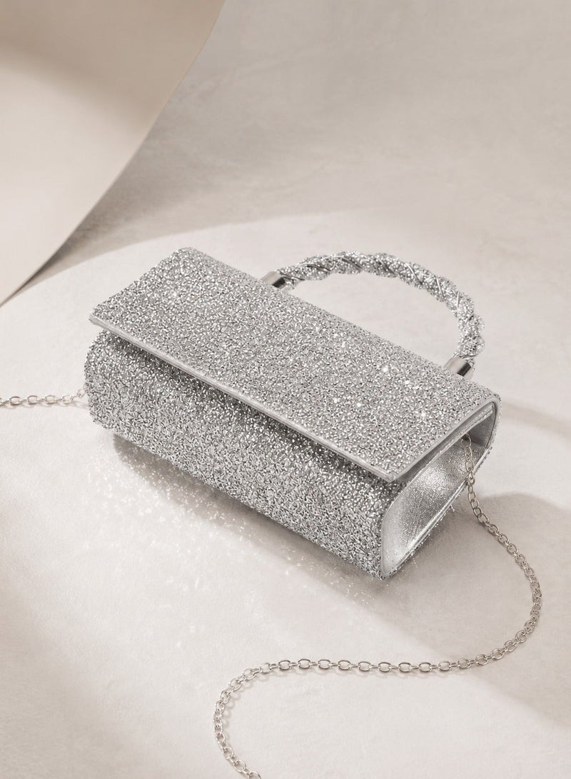Elegant Women's Silver Evening Bag Adorned with Sparkling Crystals - Image 3
