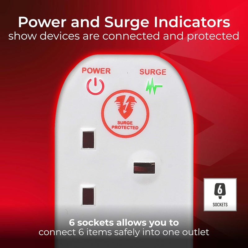 Masterplug Six Socket Extension Lead with Surge Protection, Power and Surge LED Indicators, Unswitched, 2 Metre Cable, 6-Way Plug Extension Cable, Power Strip, White, 13A, 6G, 2m, SRG6210N - Image 3
