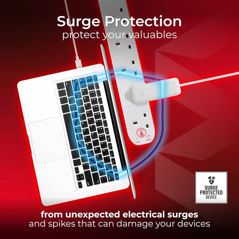 Masterplug Six Socket Extension Lead with Surge Protection, Power and Surge LED Indicators, Unswitched, 2 Metre Cable, 6-Way Plug Extension Cable, Power Strip, White, 13A, 6G, 2m, SRG6210N - Image 2
