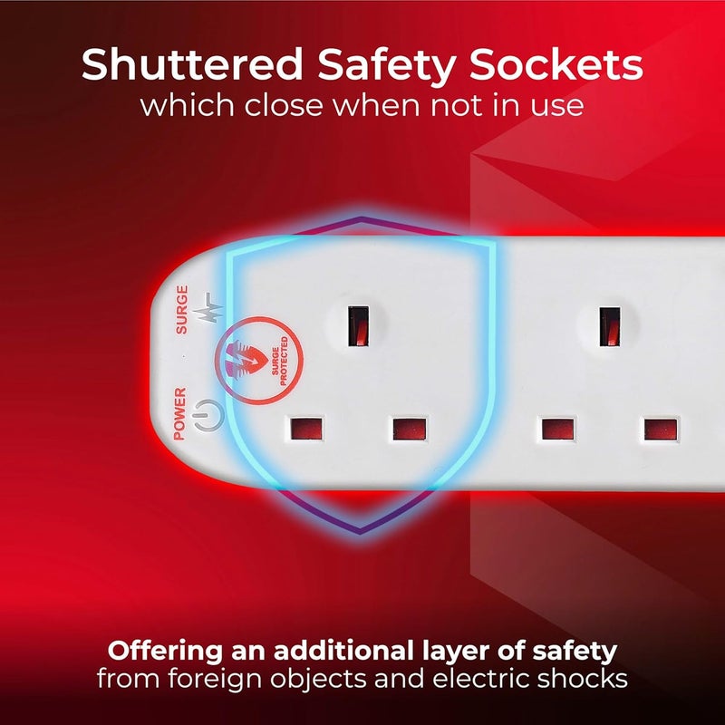 Masterplug Six Socket Extension Lead with Surge Protection, Power and Surge LED Indicators, Unswitched, 2 Metre Cable, 6-Way Plug Extension Cable, Power Strip, White, 13A, 6G, 2m, SRG6210N - Image 4