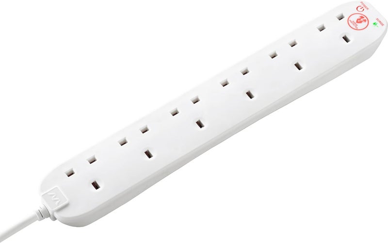 Masterplug Six Socket Extension Lead with Surge Protection, Power and Surge LED Indicators, Unswitched, 2 Metre Cable, 6-Way Plug Extension Cable, Power Strip, White, 13A, 6G, 2m, SRG6210N - Image 1