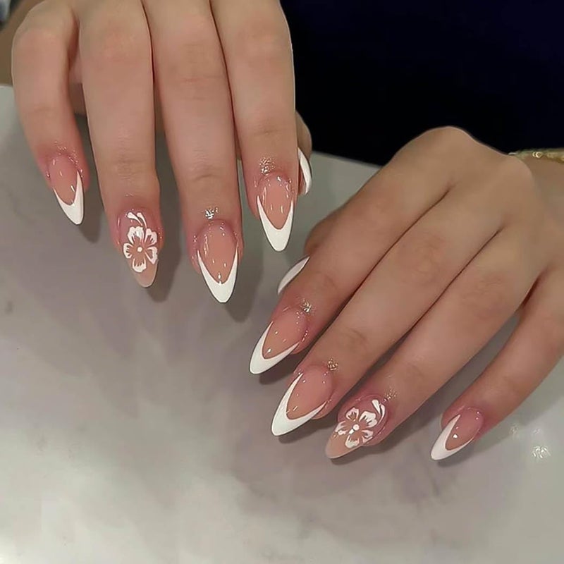 RikView French Tips Nails Almond Press on Nails Medium Acrylic Nails White Nails Glossy Full Cover Nails for Women 24 PCs/Set - Image 1