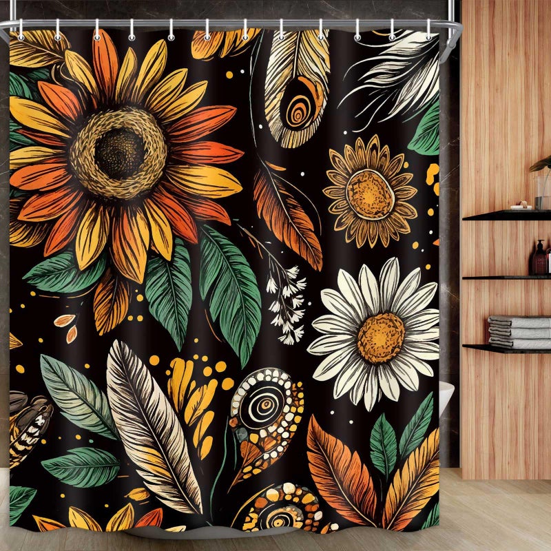 Drgilau Boho Floral Shower Curtain Vintage Floral Shower Curtain for Bathroom  Farmhouse Flowers Bathroom Curtains Waterproof Rustic Sunflower Bathroom Set Decor with 12 Hooks  Black-6 72X72 Inch - Image 1