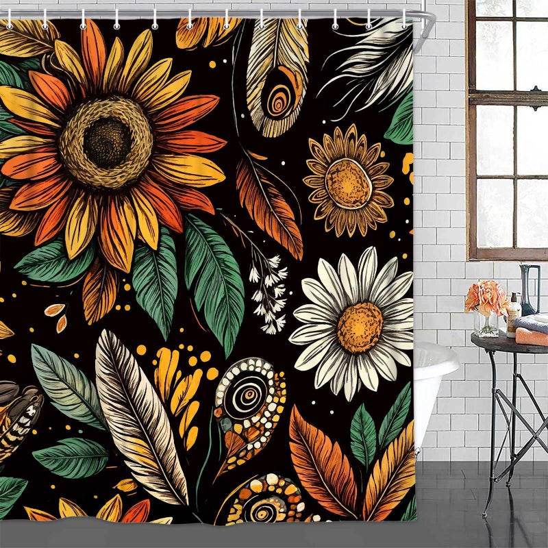 Drgilau Boho Floral Shower Curtain Vintage Floral Shower Curtain for Bathroom  Farmhouse Flowers Bathroom Curtains Waterproof Rustic Sunflower Bathroom Set Decor with 12 Hooks  Black-6 72X72 Inch - Image 3