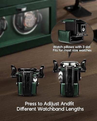 VLANDO Automatic Double Watch Winder Watch Winder Box with Men Jewelry Organizer Tray Japanese Quiet Motor LED Light Adjustable Watch Pillows Green - Image 3