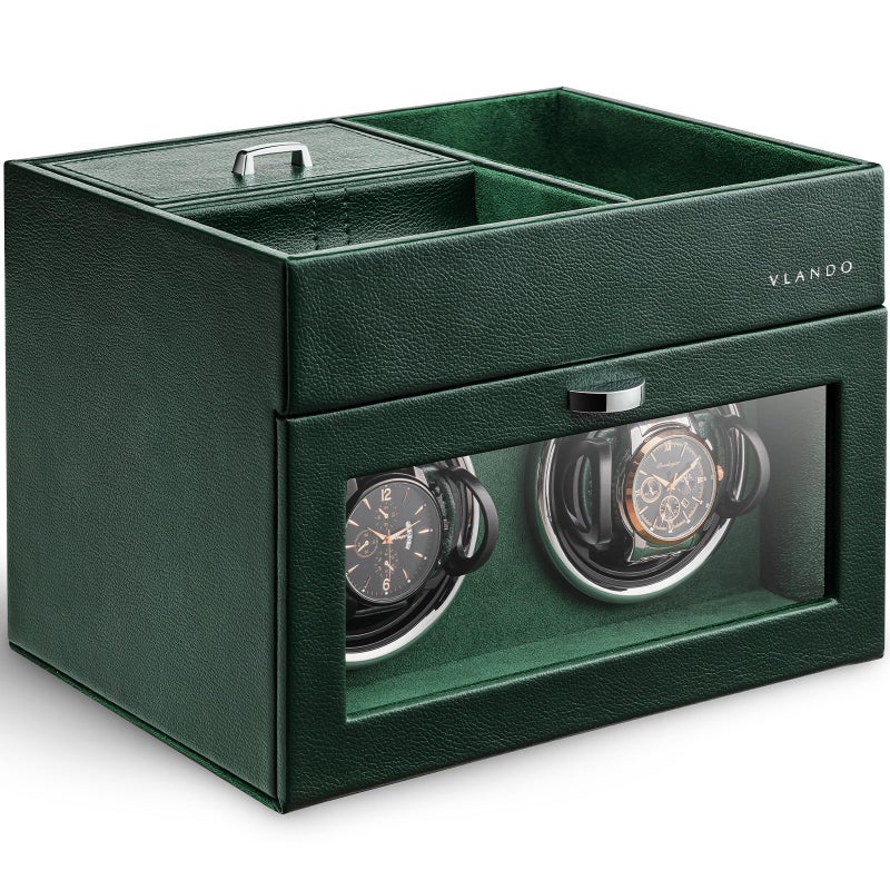 VLANDO Automatic Double Watch Winder Watch Winder Box with Men Jewelry Organizer Tray Japanese Quiet Motor LED Light Adjustable Watch Pillows Green - Image 2
